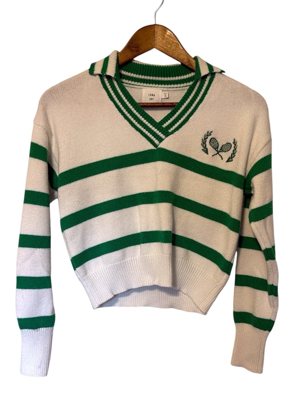 Luna Ivy Anthropologie Cropped Collar Pickleball Embroidered Striped Sweater XS